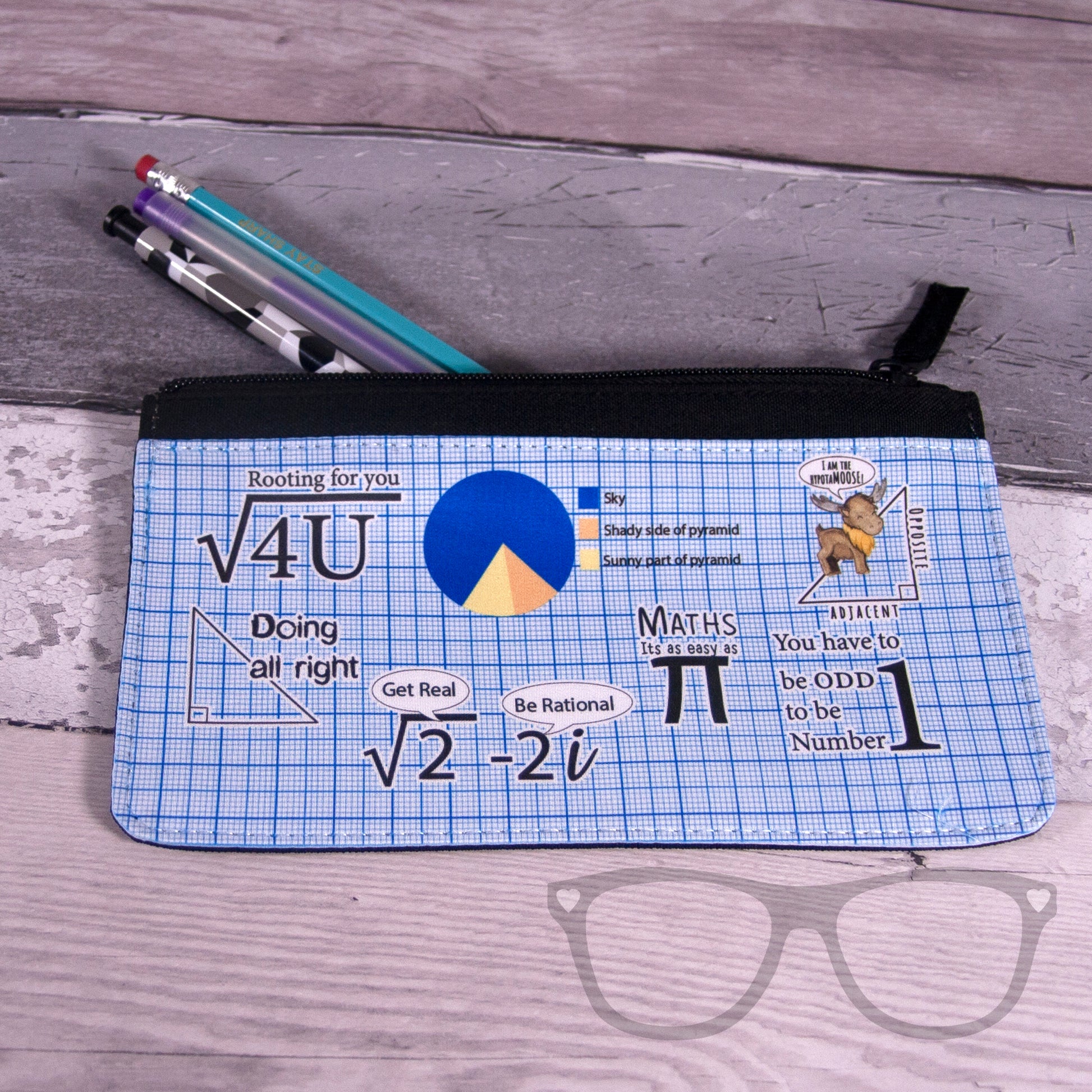 Maths pencil case, ideal for storing  stationery with a design that features maths puns. 