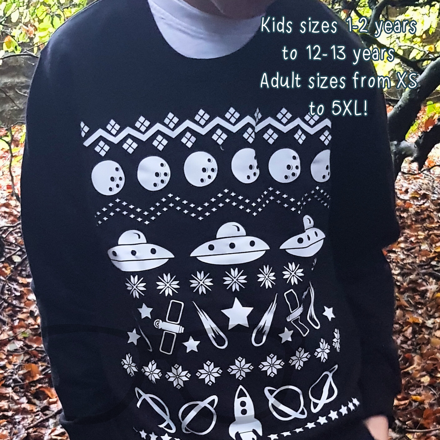 Space themed christmas ugly sweater for kids and adults from 1-2 to 2 years to XS to 5xl! Black jersey sweater with white HTV design