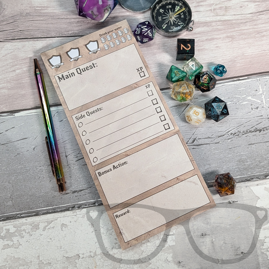 To-do list pad with TTRPG twist featuring main quest, side quests, bonus action, reward, water tracker, and stats space.