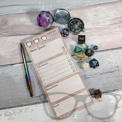 TTRPG-inspired to-do list with main quest, side quests, bonus actions, rewards, water tracker, and daily stats.