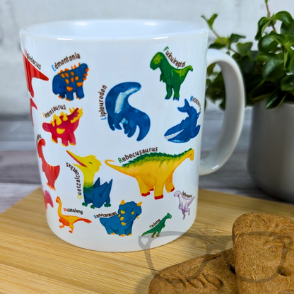 A to Z dinosaur mug showing detailed dinosaur illustration for each letter of the alphabet