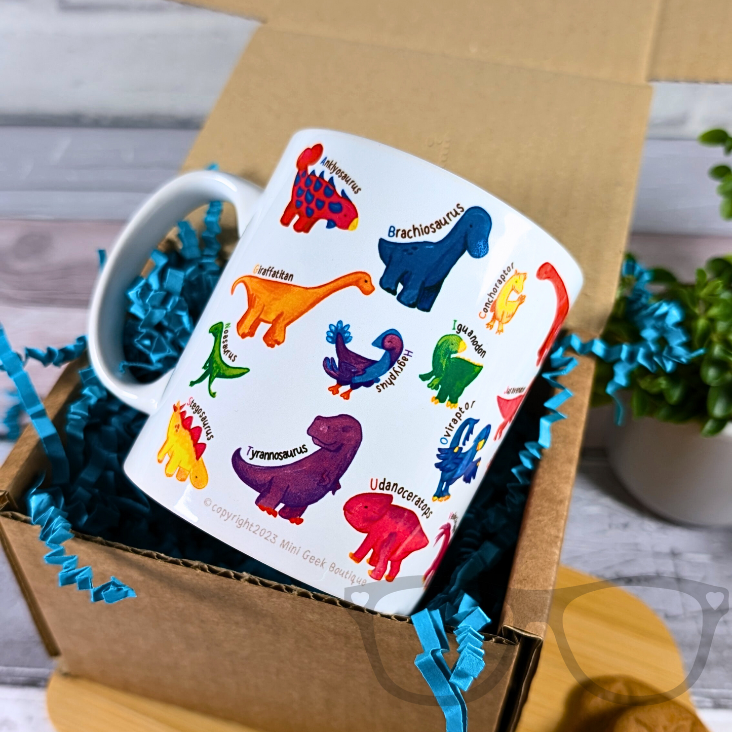 A to Z Dinosaur mug being presented in a box