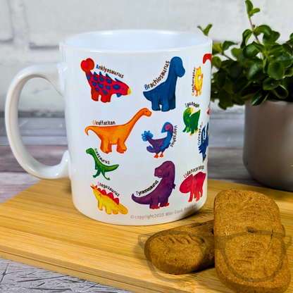 Dinosaur Mug featuring a dinosaur for every letter of the alphabet, made in Nottingham UK