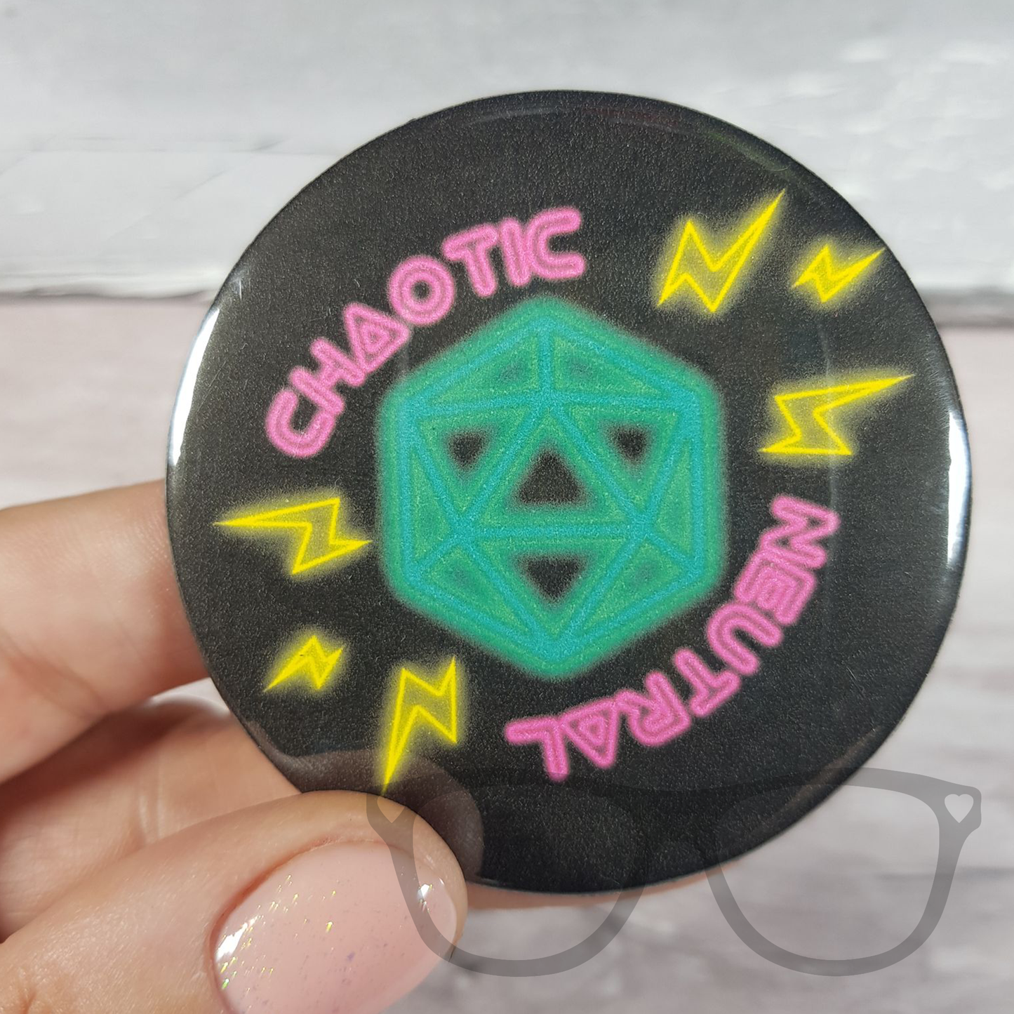 Chaotic Neutral badge in a cyberpunk style. A green 20 sided dice icon with Chaotic neutral around it