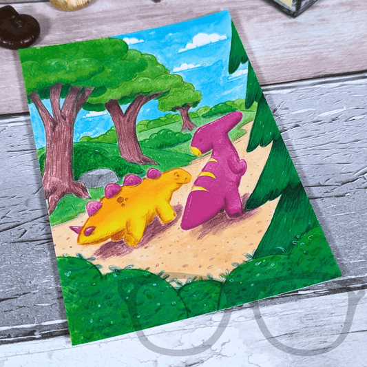 Derek & Irene Dinosaur Adventure Postcard – A6 Illustrated Print - Mini Geek Boutique