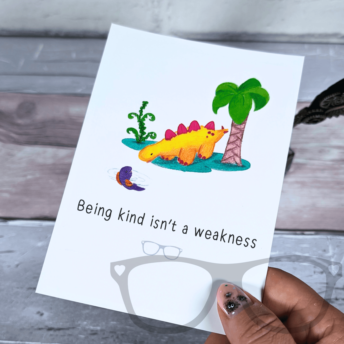 Derek the Stegosaurus Dinosaur Kindness Postcard – "Being Kind Isn't a Weakness" Design - Mini Geek Boutique
