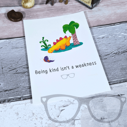 Derek the Stegosaurus Dinosaur Kindness Postcard – "Being Kind Isn't a Weakness" Design - Mini Geek Boutique