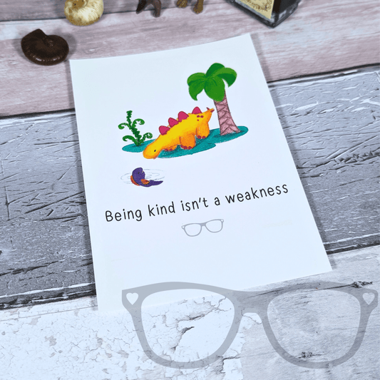 Derek the Stegosaurus Dinosaur Kindness Postcard – "Being Kind Isn't a Weakness" Design - Mini Geek Boutique
