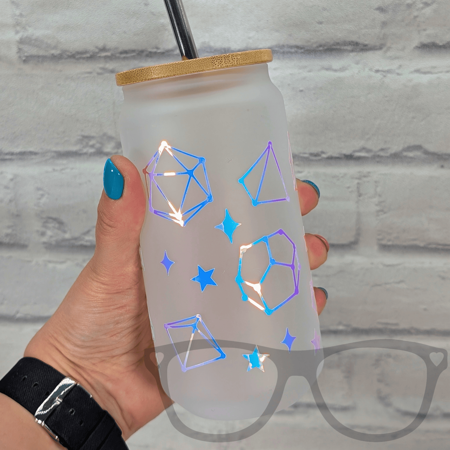 Dice Constellation Glass Tumbler | 18oz Frosted Glass with Bamboo Lid & Metal Straw | Holographic & Rainbow Designs - Mini Geek Boutique