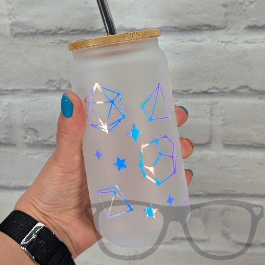 Dice Constellation Glass Tumbler | 18oz Frosted Glass with Bamboo Lid & Metal Straw | Holographic & Rainbow Designs - Mini Geek Boutique