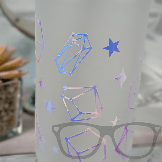 Dice Constellation Glass Tumbler | 18oz Frosted Glass with Bamboo Lid & Metal Straw | Holographic & Rainbow Designs - Mini Geek Boutique