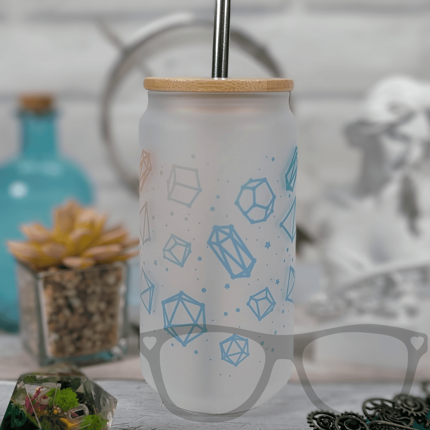 Dice Constellation Glass Tumbler | 18oz Frosted Glass with Bamboo Lid & Metal Straw | Holographic & Rainbow Designs - Mini Geek Boutique