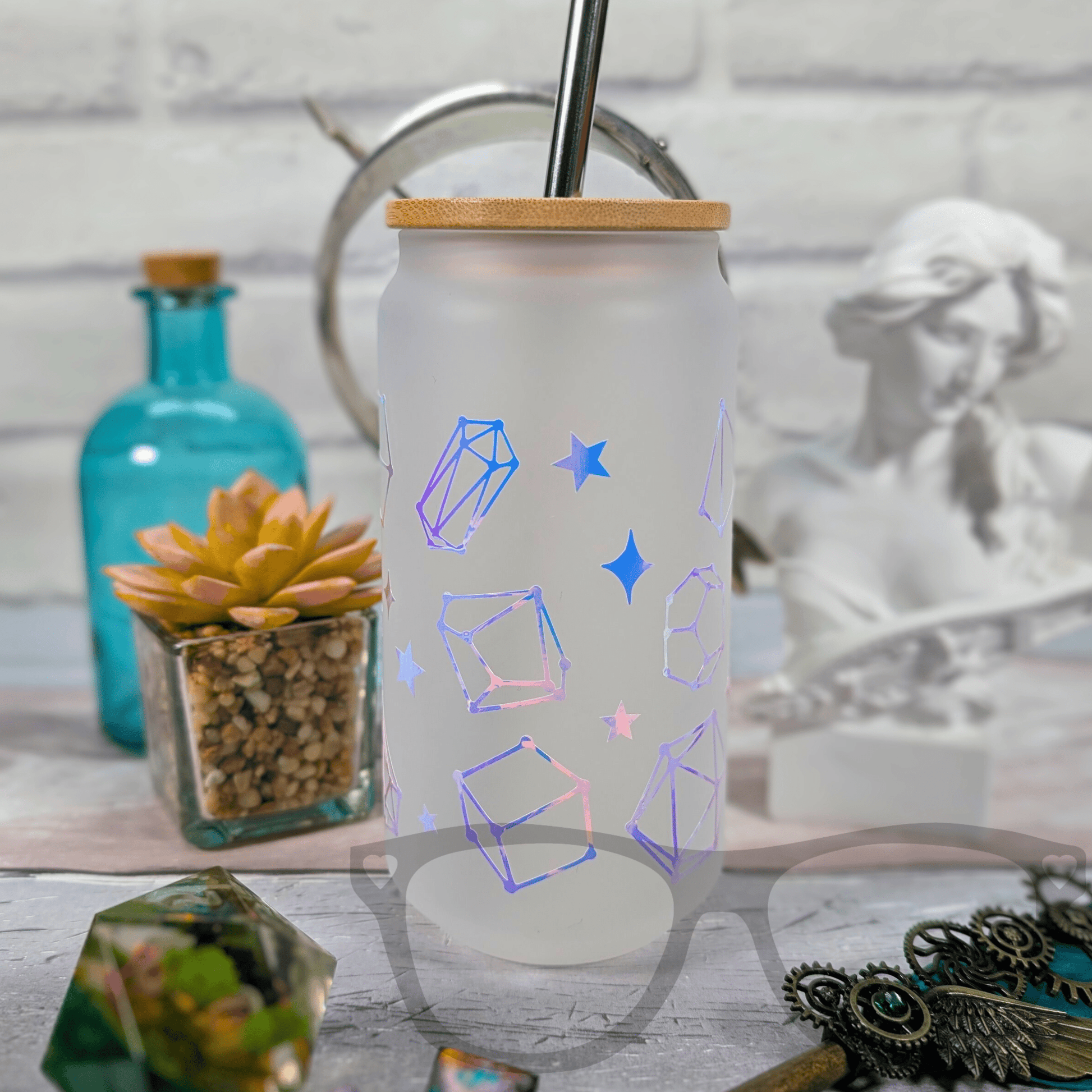 Dice Constellation Glass Tumbler | 18oz Frosted Glass with Bamboo Lid & Metal Straw | Holographic & Rainbow Designs - Mini Geek Boutique
