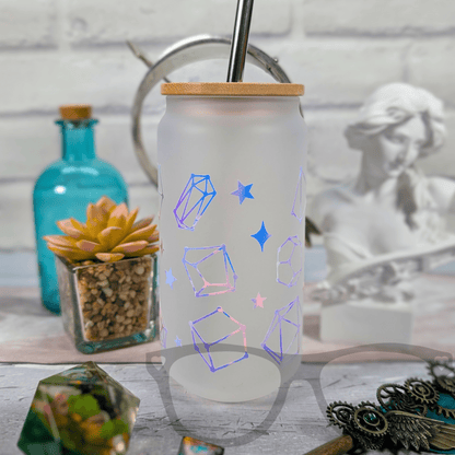 Dice Constellation Glass Tumbler | 18oz Frosted Glass with Bamboo Lid & Metal Straw | Holographic & Rainbow Designs - Mini Geek Boutique