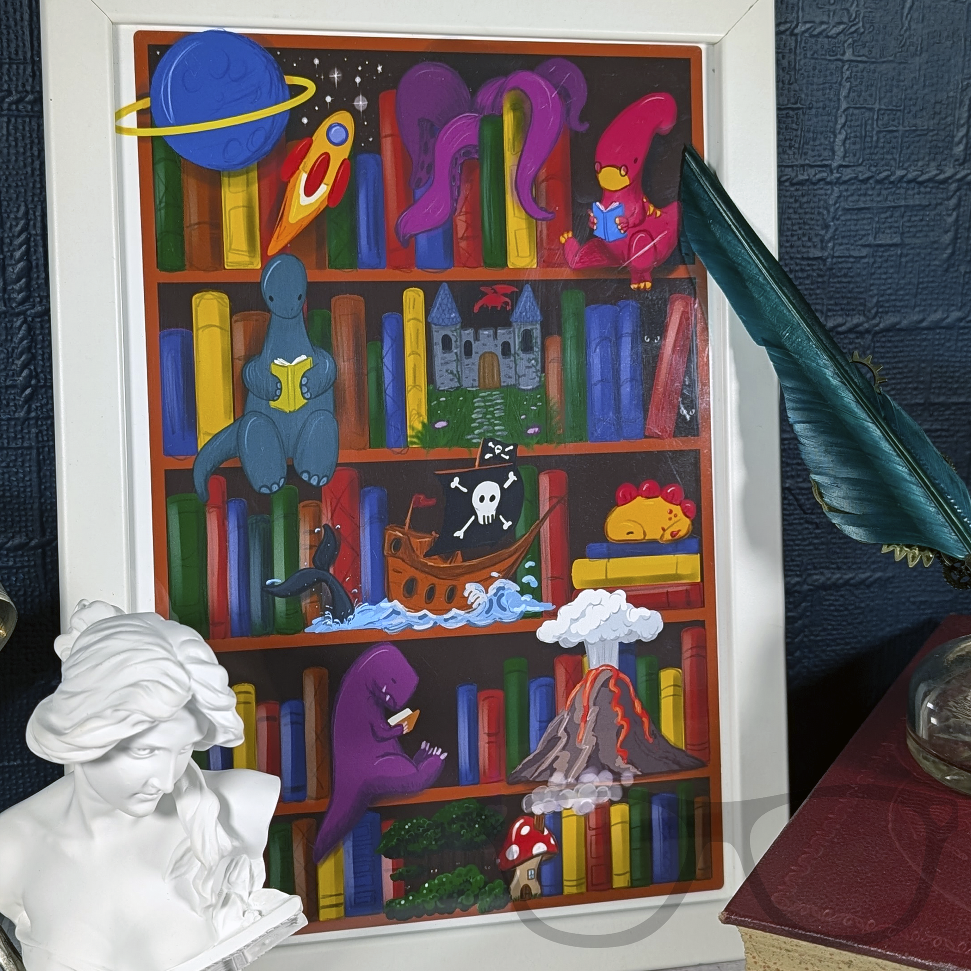 Dinosaurs reading art print in frame, available as A4 or A5 printed on 