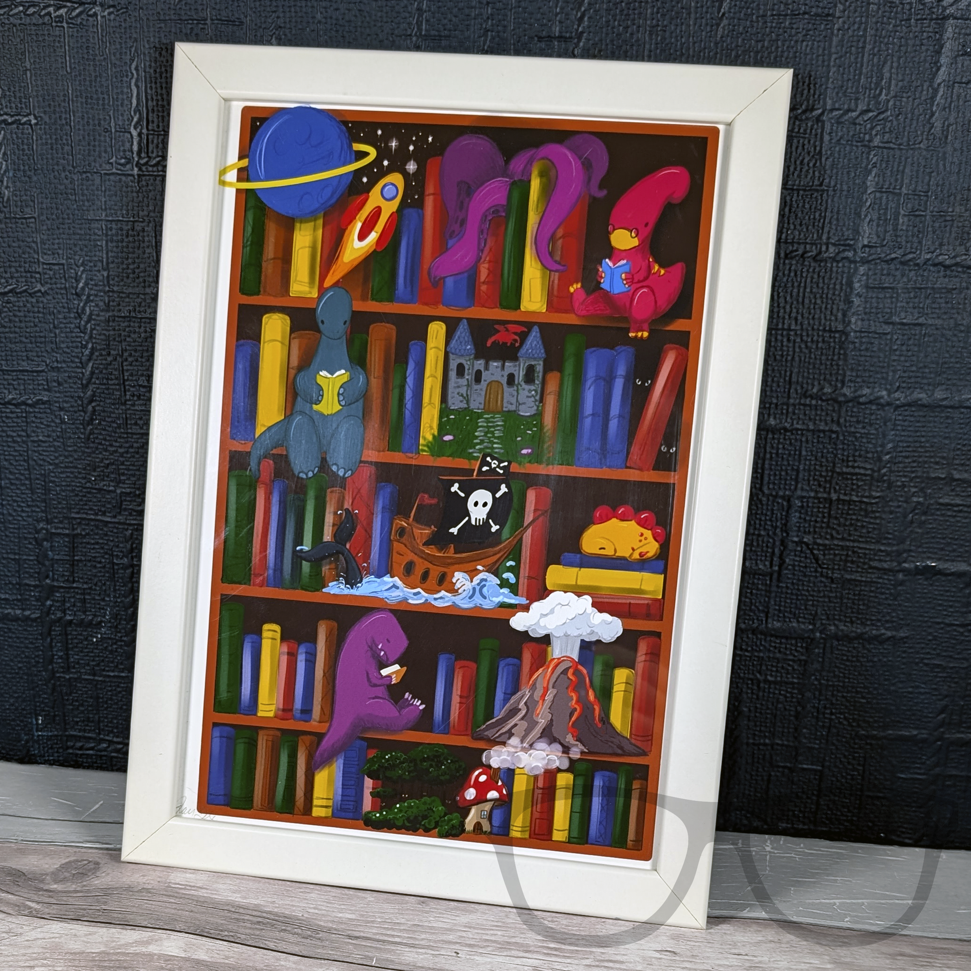 Reading is magic, dinosaurs reading books in a magical library art print