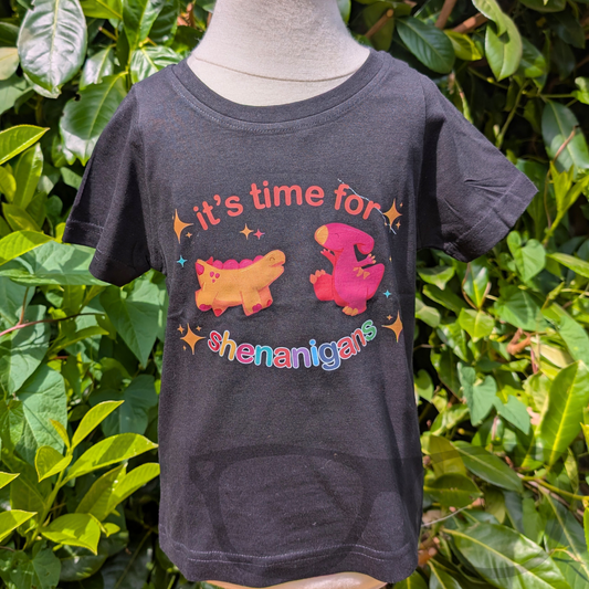 This organic black t-shirt features a vibrant dinosaur design with Derek the Stegosaurus and Irene the Parasaurolophus mid-jump, ready for adventure. The playful slogan 'It’s time for shenanigans' adds a fun and cheeky touch.