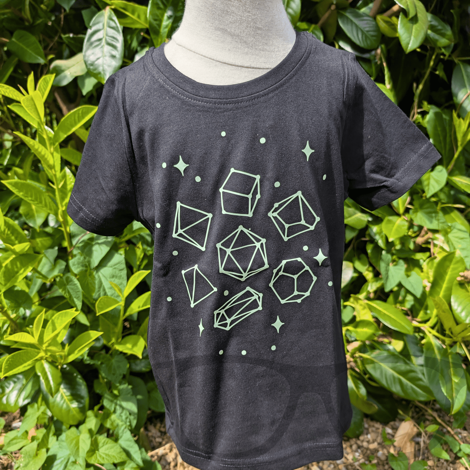 Glow in the dark Celestial dice black organic t-shirt - Mini Geek Boutique