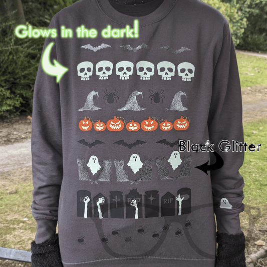 Grey Halloween Sweater with Glow in the Dark and Glitter Vinyl - Mini Geek Boutique