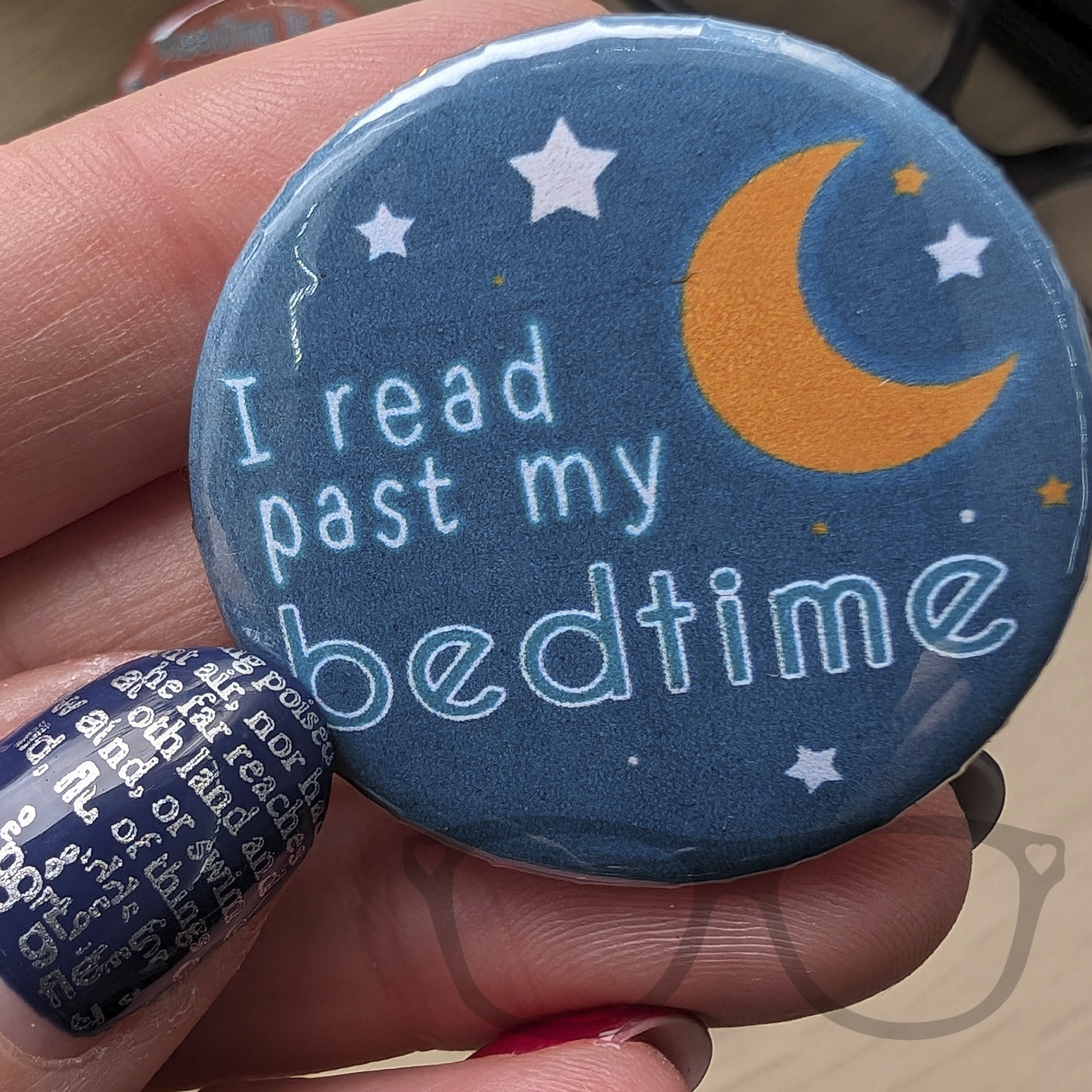 I read past my bedtime badge as part of a set. Dark Teal colour with moons and stars