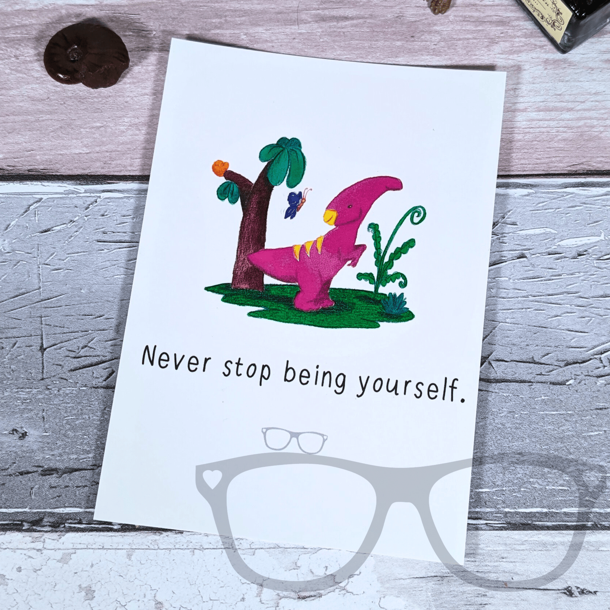 Irene "Never Stop Being Yourself" Motivational A6 Postcard - Dinosaur Affirmation - Mini Geek Boutique