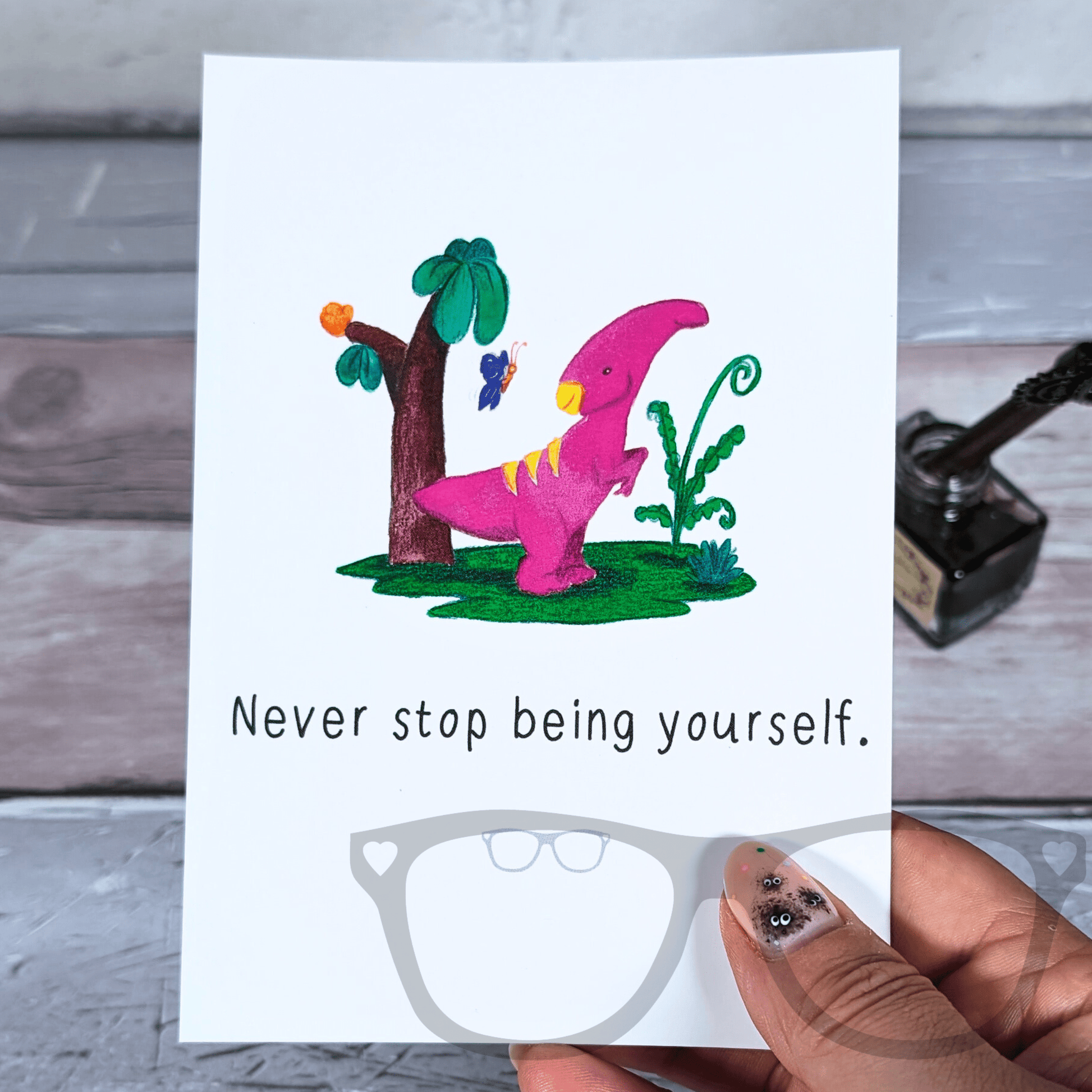 Irene "Never Stop Being Yourself" Motivational A6 Postcard - Dinosaur Affirmation - Mini Geek Boutique