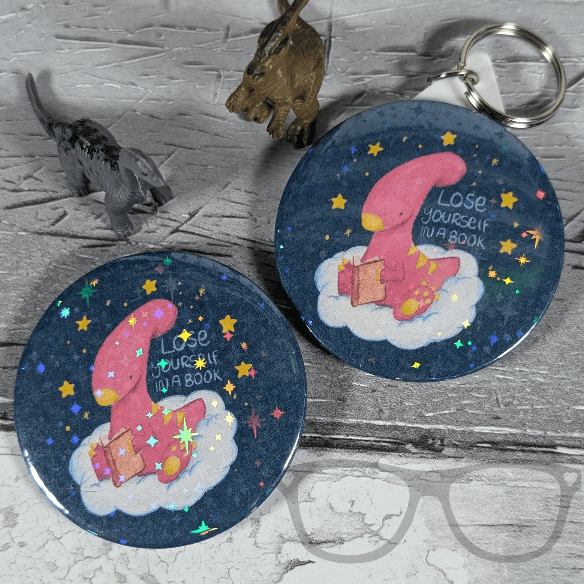Irene the Dinosaur 'Lose Yourself in a Book' 58mm Badge, Keyring or Magnet - Perfect Gift for Book Lovers - Mini Geek Boutique