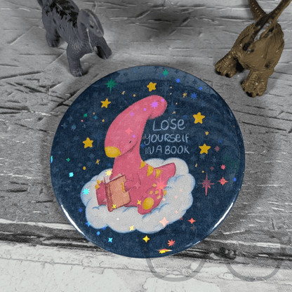 Irene the Dinosaur 'Lose Yourself in a Book' 58mm Badge, Keyring or Magnet - Perfect Gift for Book Lovers - Mini Geek Boutique