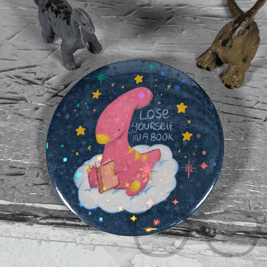 Irene the Dinosaur 'Lose Yourself in a Book' 58mm Badge, Keyring or Magnet - Perfect Gift for Book Lovers - Mini Geek Boutique