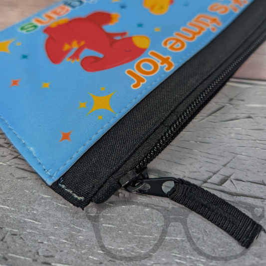 Close-up of the zip closure detail on the ‘It’s Time for Shenanigans’ pencil case showing durable stitching and smooth zipper.