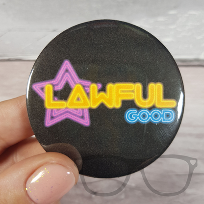 Lawful Good Button badge in a vapourwave/cyberpunk style