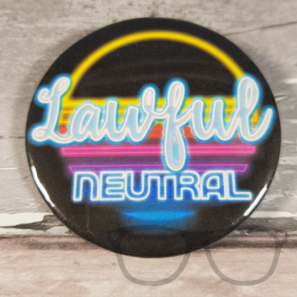 Lawful neutral button badge in a cyber punk style