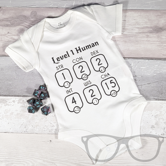 Level 1 Human baby bodysuit – organic cotton geeky gift for new parents.