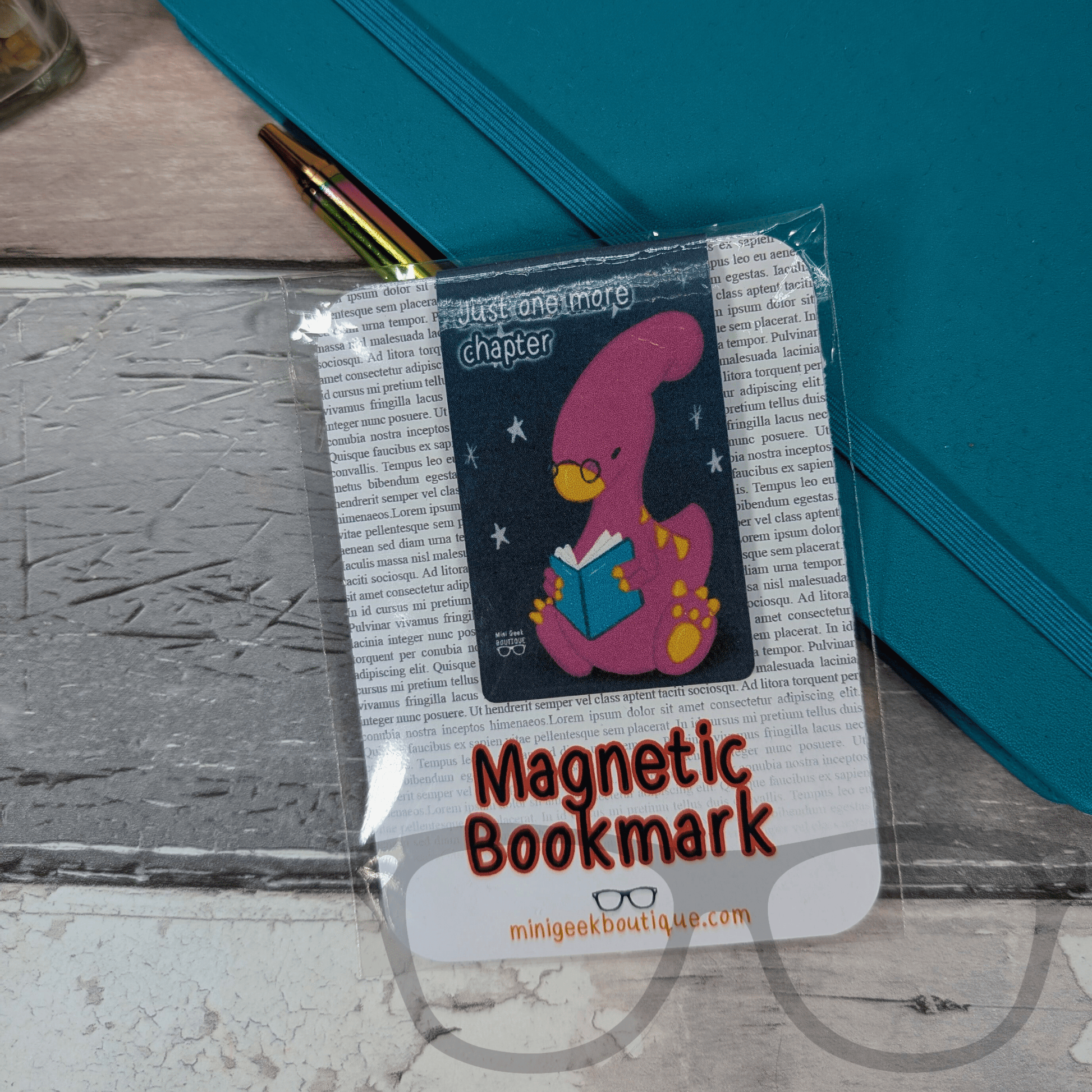 Magnetic Dinosaur Bookmark – "Just One More Chapter" with Irene the Parasaurolophus | Starry Night Page Marker for Book Lovers - Mini Geek Boutique