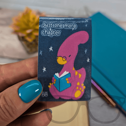 Magnetic Dinosaur Bookmark – "Just One More Chapter" with Irene the Parasaurolophus | Starry Night Page Marker for Book Lovers - Mini Geek Boutique