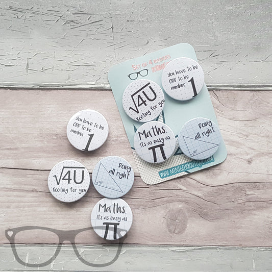 Math Pun Badge Set – 4 Fun & Nerdy 38mm Badges to Show Off Your Love for Numbers - Mini Geek Boutique