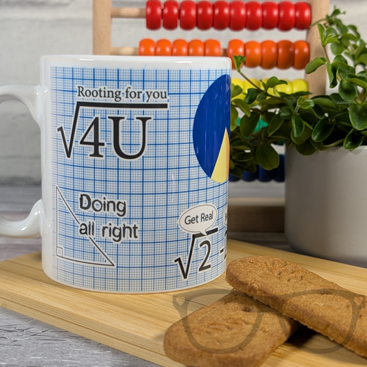 Math mug, design shows lots of math related puns on a white ceramic mug