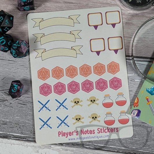 Player's Notes sticker sheet for planners, journals and notebooks.