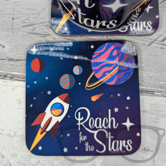 "Reach for the Stars" Hardwood Square Coaster | 9cm | Featuring Derek the Stegosaurus in Space (Copy) - Mini Geek Boutique