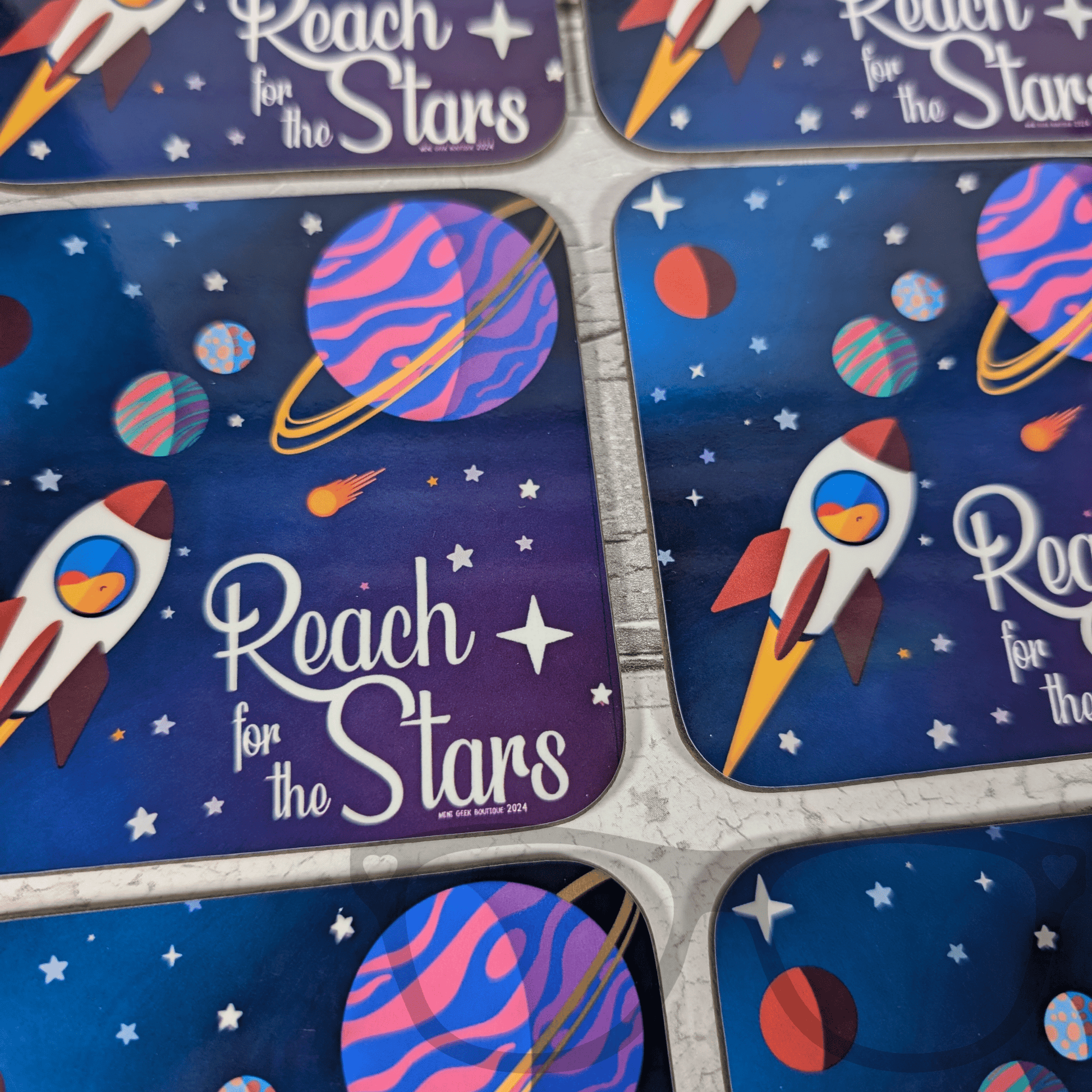 "Reach for the Stars" Hardwood Square Coaster | 9cm | Featuring Derek the Stegosaurus in Space (Copy) - Mini Geek Boutique