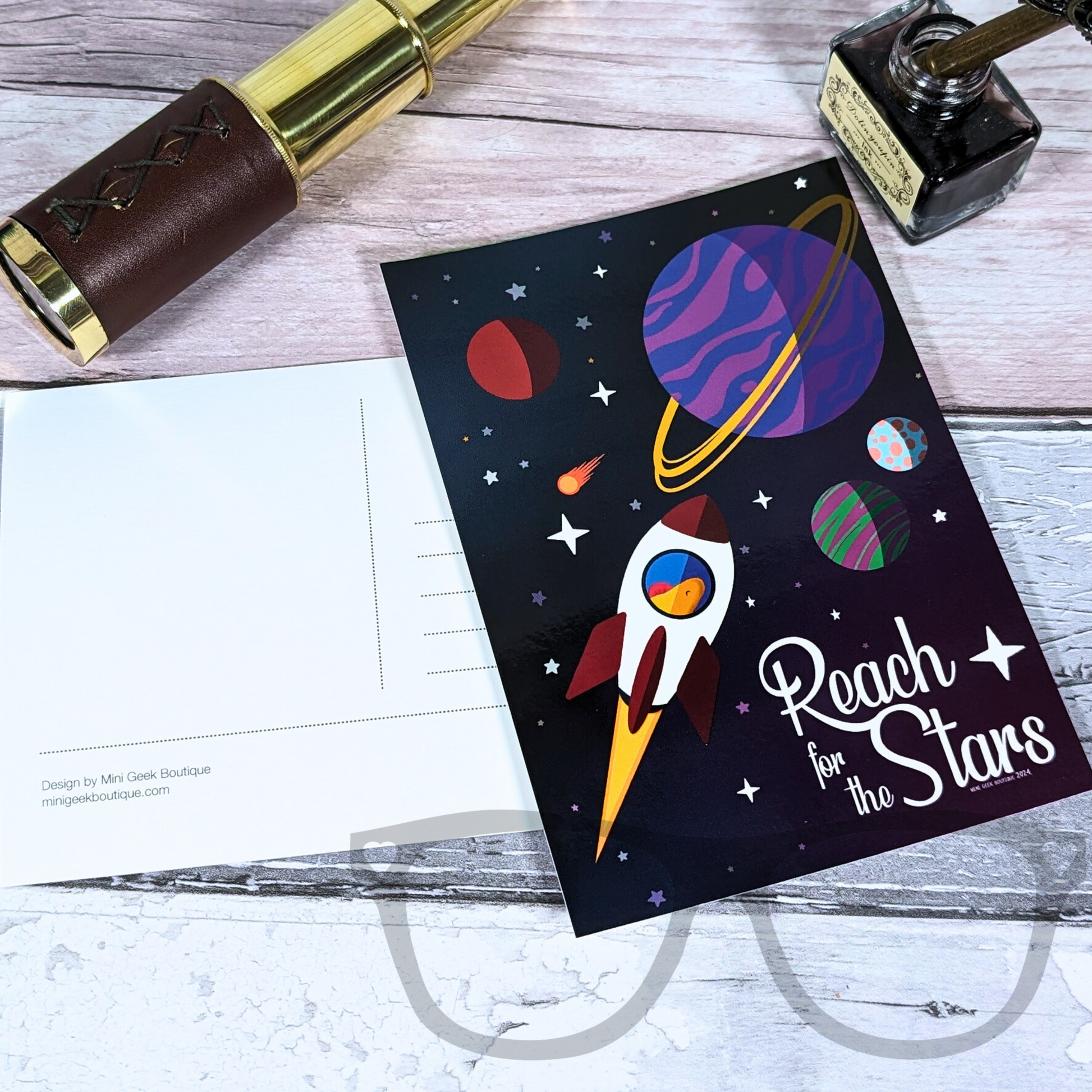 Reach for the stars with this motivational and fun postcards, featuring a digital illustration of Derek flying through space in his rocket, image shows both the glossy illustration and the matt side allowing you to write your message