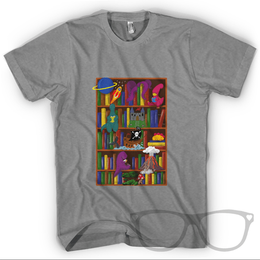 Reading Dinosaurs on a Bookshelf T-Shirt - Mini Geek Boutique