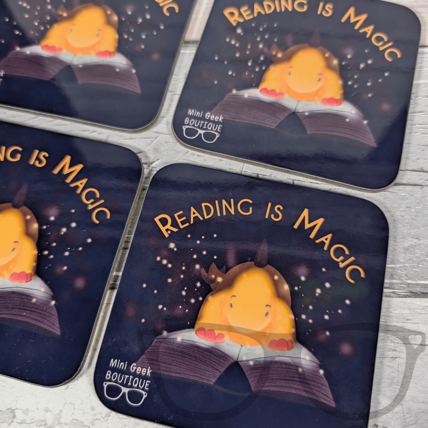"Reading is Magic" Hardwood Square Coaster | 9cm | Featuring Derek the Stegosaurus - Mini Geek Boutique