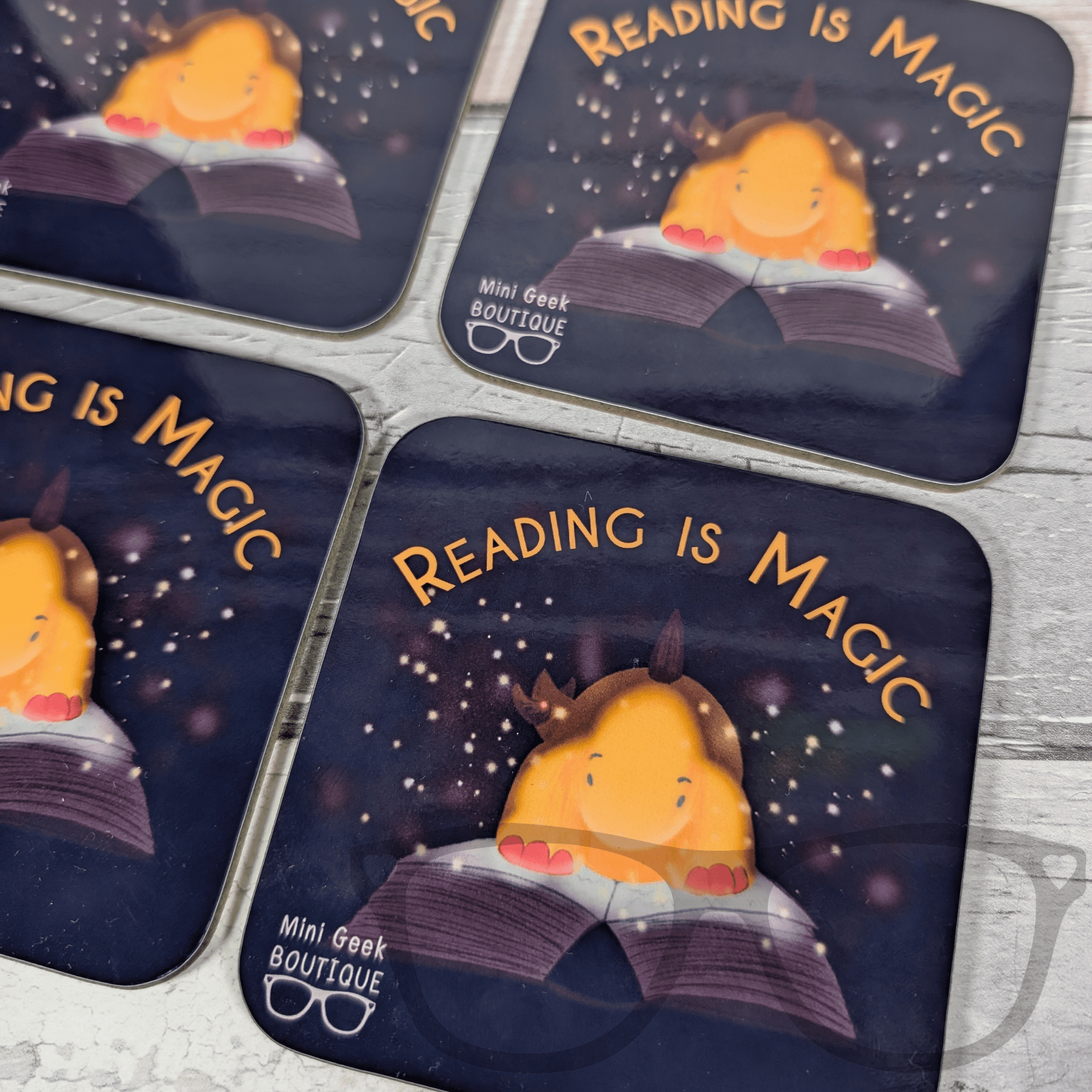 "Reading is Magic" Hardwood Square Coaster | 9cm | Featuring Derek the Stegosaurus - Mini Geek Boutique