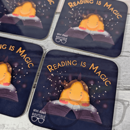 "Reading is Magic" Hardwood Square Coaster | 9cm | Featuring Derek the Stegosaurus - Mini Geek Boutique