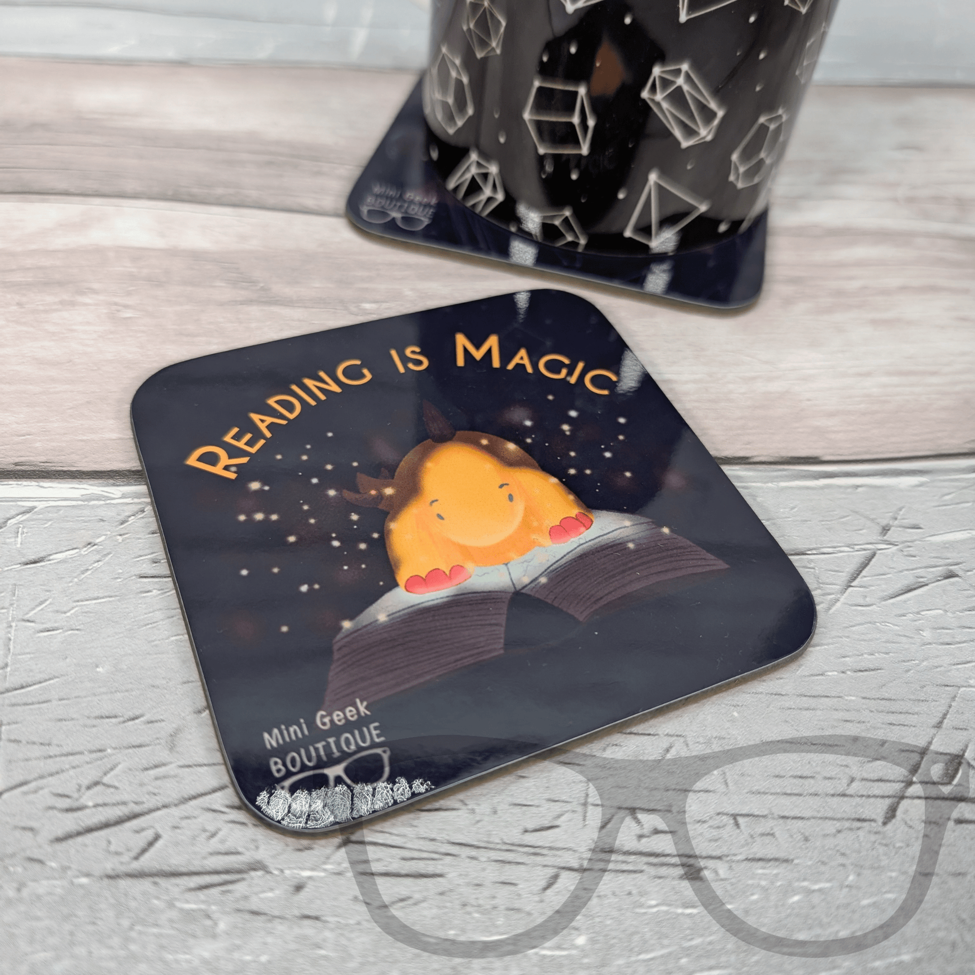 "Reading is Magic" Hardwood Square Coaster | 9cm | Featuring Derek the Stegosaurus - Mini Geek Boutique
