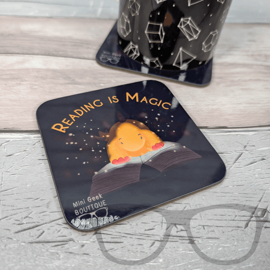 "Reading is Magic" Hardwood Square Coaster | 9cm | Featuring Derek the Stegosaurus - Mini Geek Boutique