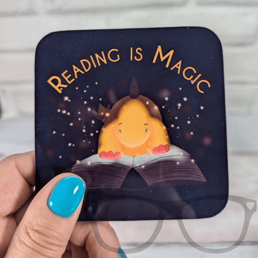 "Reading is Magic" Hardwood Square Coaster | 9cm | Featuring Derek the Stegosaurus - Mini Geek Boutique