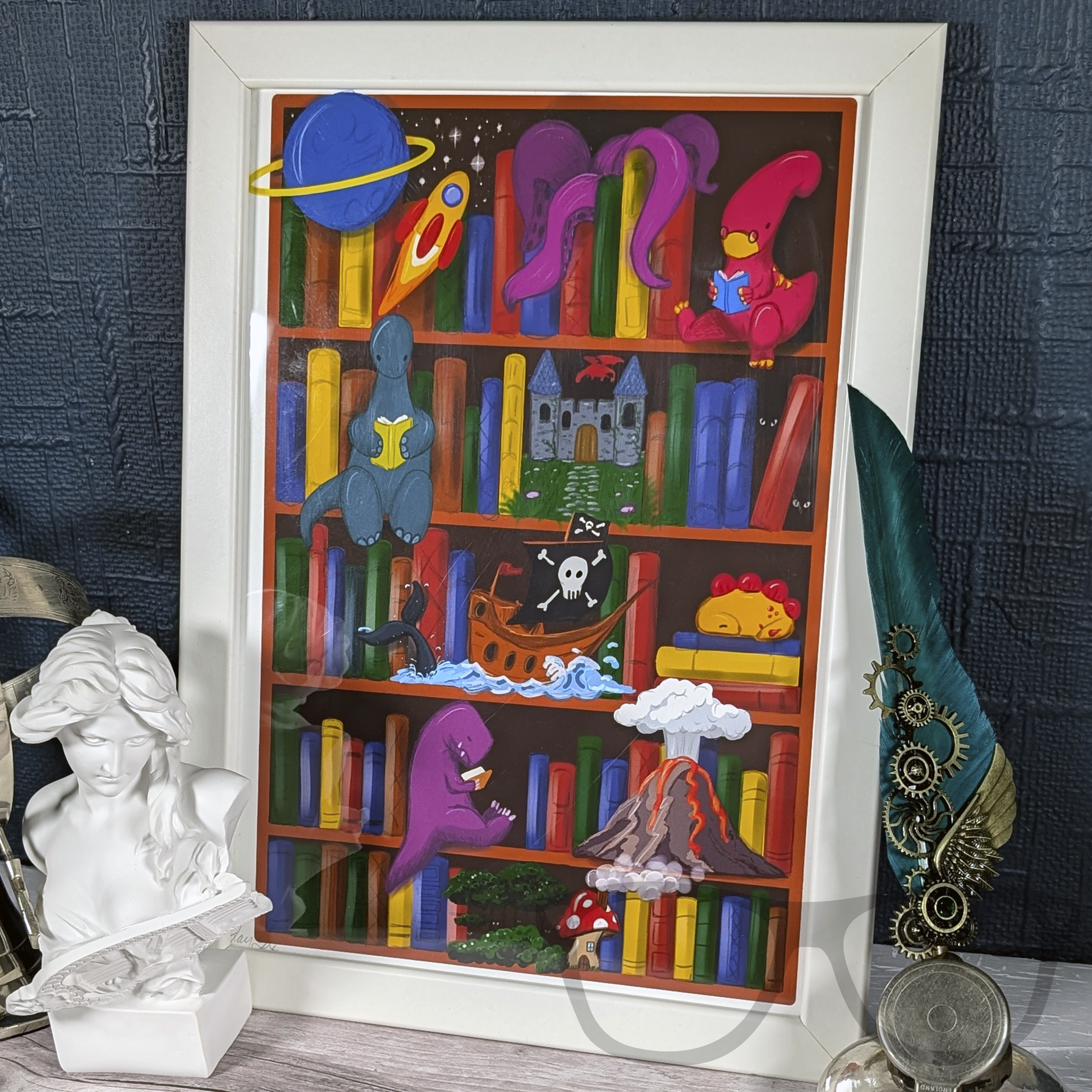 Dinosaurs reading magical library reading is magic art print in frame