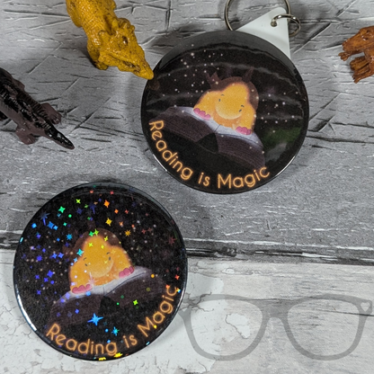 Reading is magic sparkly badge and keyring